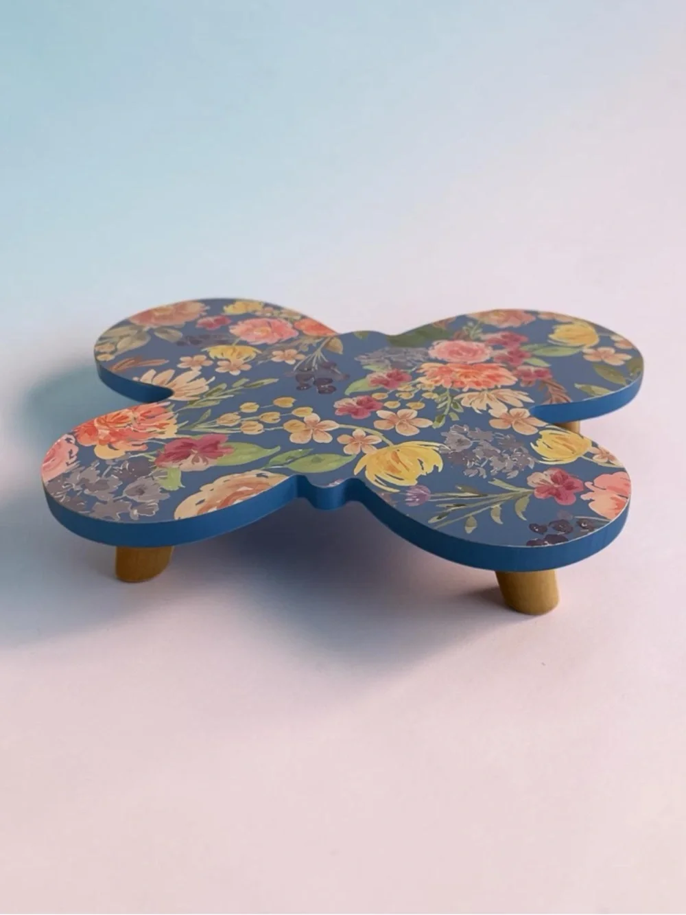 Blue Floral Wooden Butterfly Trivet/Stand - Picture 2 of 4